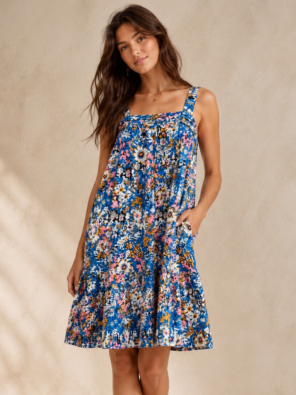 New Natural Life Floral Sundress Blue Pink Boho Mini Dress Adjustable Straps